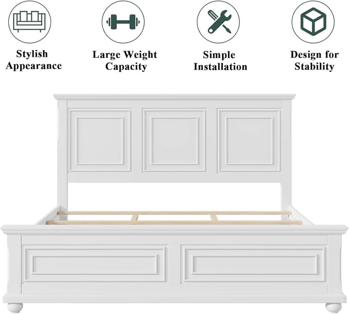 MoproBeti Farmhouse King Bed Frame with Tall Headboard and Footboard, Pinewood King Panel Bed with Under Bed Storage, Noise-Free, No Box Spring Needed, Traditional Style, White MoproBeti