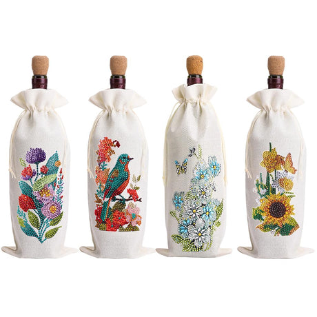 4 Pcs DIY Diamond Painting Art Kit Diamond Painting Wine Bag Kit Rhinestones Label Liquor Bottle Cover Gift for Wine Lover Women Men Christmas (Flower Birds) Generic