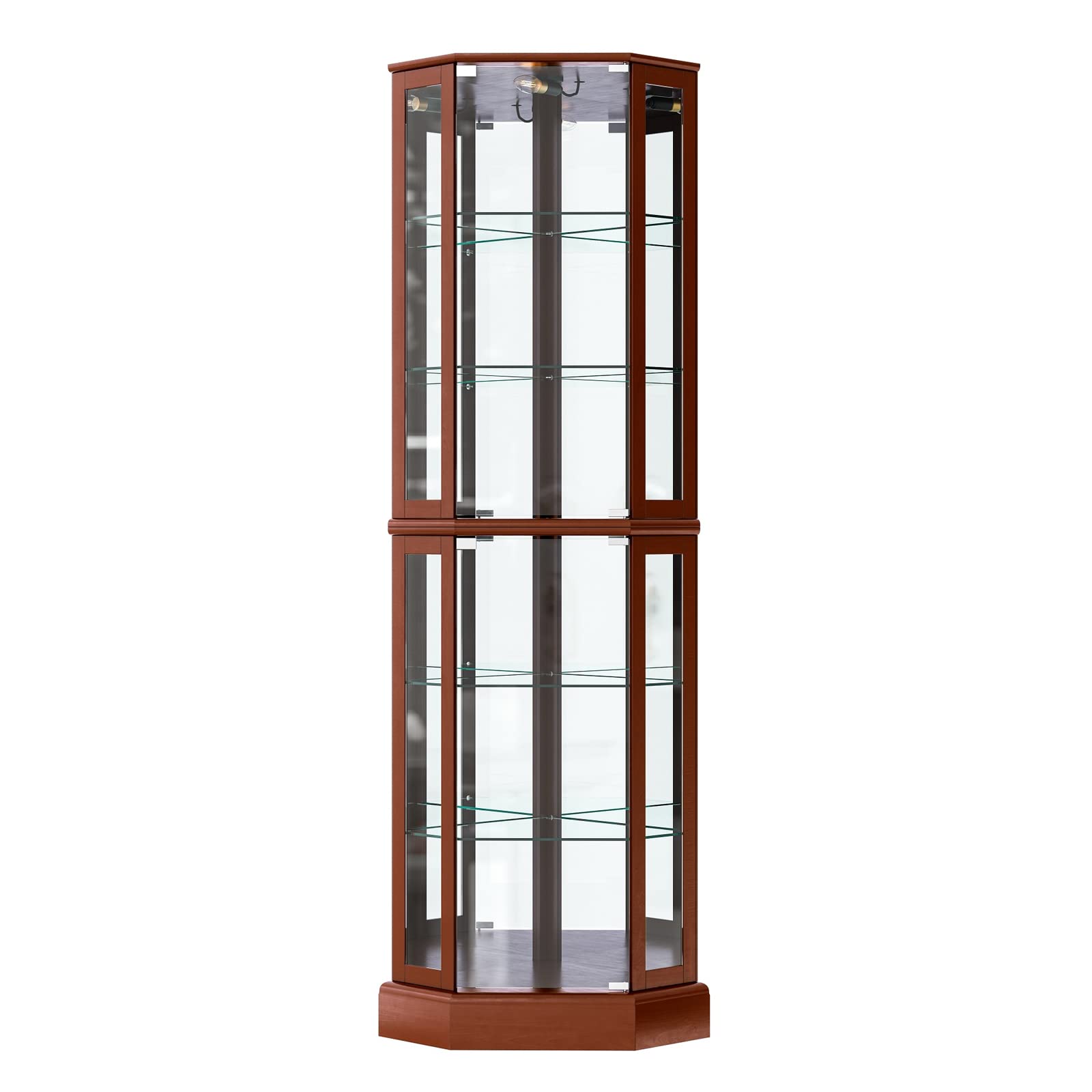 BELLEZE Lighted Corner Display Curio Cabinet Wooden Curved Shelving Unit with Tempered Glass Door, Bar and Liquor Storage Area with 6 Shelves - - WoodArtSupply