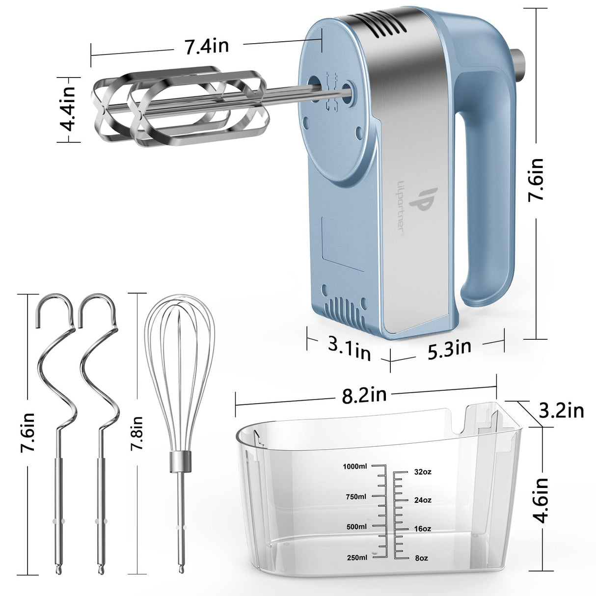 Hand Mixer Electric, 450W Kitchen Mixers with Scale Cup Storage Case, Turbo Boost/Self-Control Speed + 5 Speed + Eject Button + 5 Stainless Steel Accessories, For Easy Whipping Dough,Cream,Cake LILPARTNER