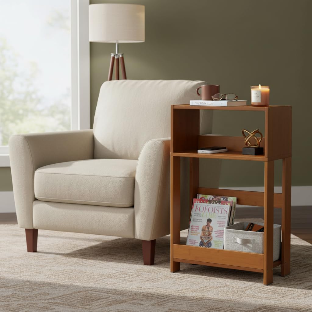 ZEXVIDA Narrow Side Table, 7 Inch Slim Bamboo Nightstand with 3-Tier Storage & Built-in Bookshelf, Small Space-Saving End Table for Living Room, Bedroom, Couch ZEXVIDA