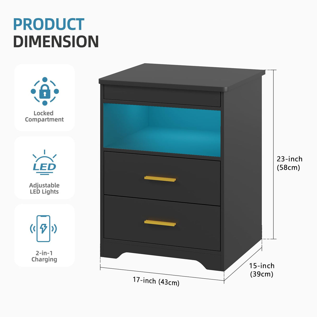 Gurexl LED Nightstand with Gun Drawer, Modern Beside Table with Charging Station, Auto Sensor 3 Color Dimmable Night Stand with Open Compartment for Bedroom Gurexl