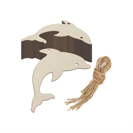 Dolphin Shaped Wood DIY Craft Cutout Hanging Ornaments with Hole Hemp Ropes Gift Tag Perfect for Wedding Birthday Ocean Animal Themed Party Decoration (3.94x3.94 in, 20 Pcs) Creaides