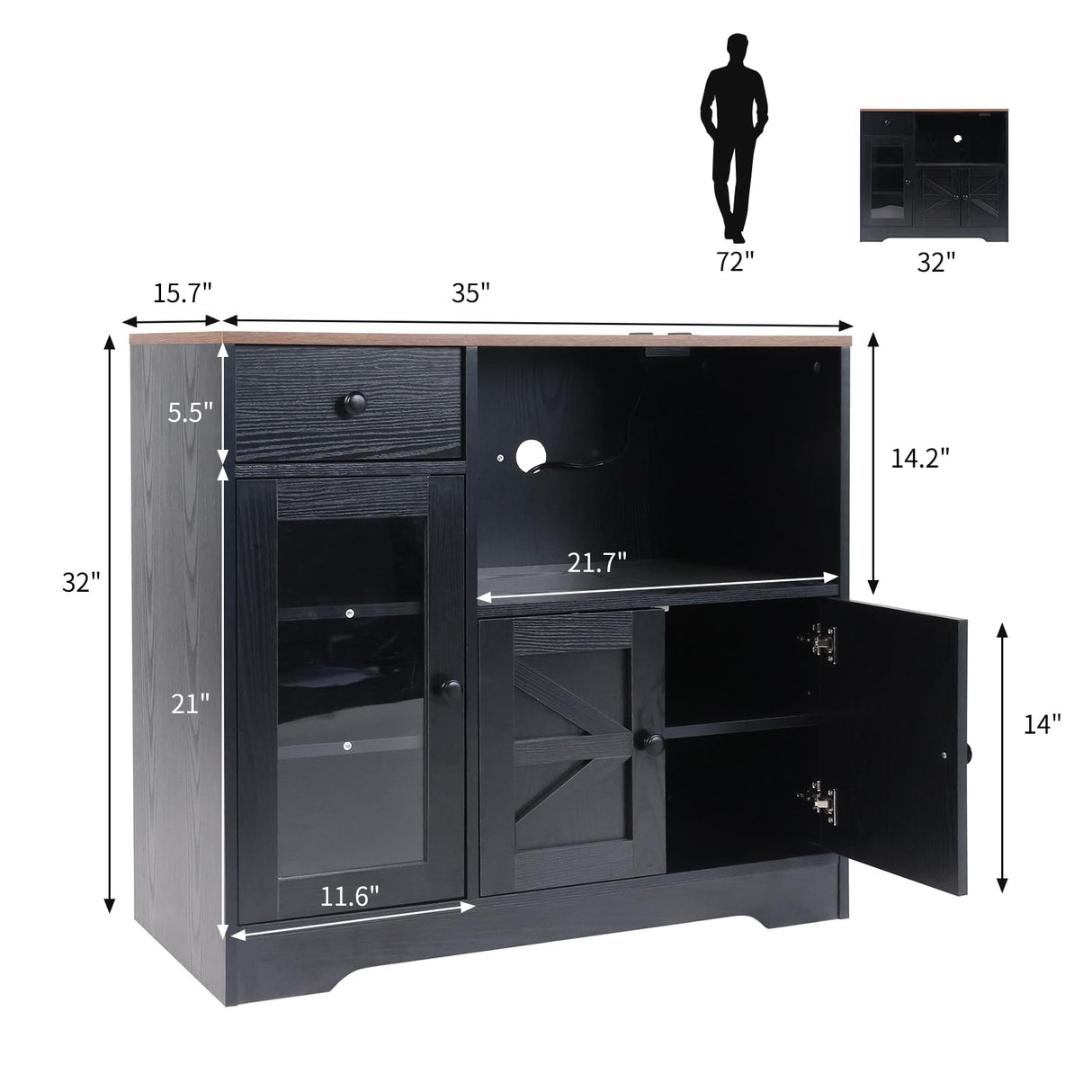 Walmokid Storage Cabinet with Power Outlet, 35" Modern Sideboard Buffet Cabinet w/Adjustable Shelf, Wooden Kitchen Cabinet with Open Shelves for Living Room, Dining Room, Kitchen, Black Walmokid