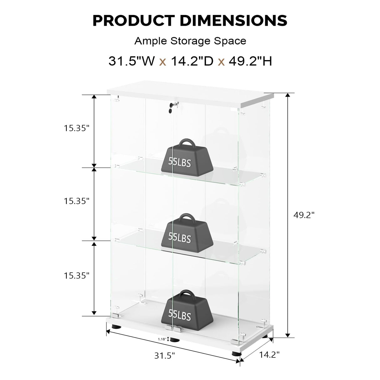 VINGLI Glass Display Cabinet with 3 Shelves, Double Doors and Lock, Floor Standing Curio Cabinets with LED Light, Upgraded Tempered Glass Bookshelf, for Living Room Living Room Bedroom Office, White VINGLI