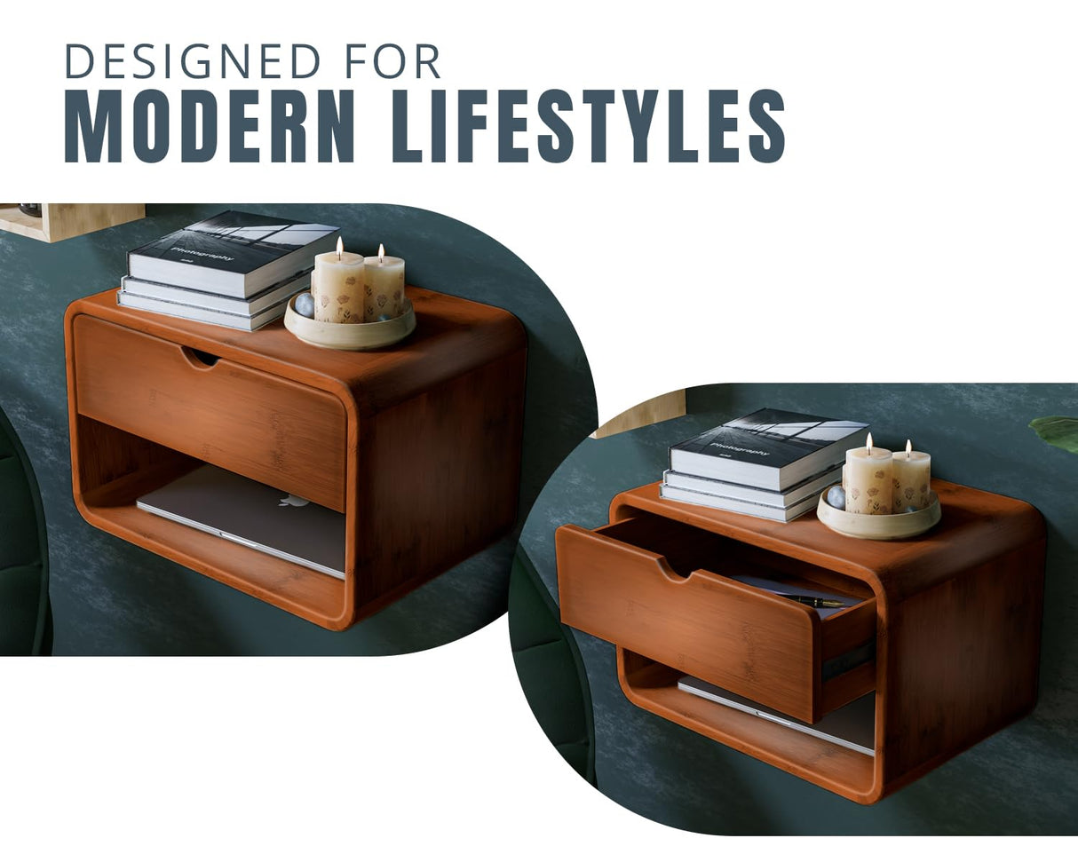 Comfify Modern Nightstand Bamboo Floating Nightstand with Drawer - Brown- Small Nightstand with Midcentury Modern Vibe - Unique Design, Easy Installation, Clear Instructions Comfify