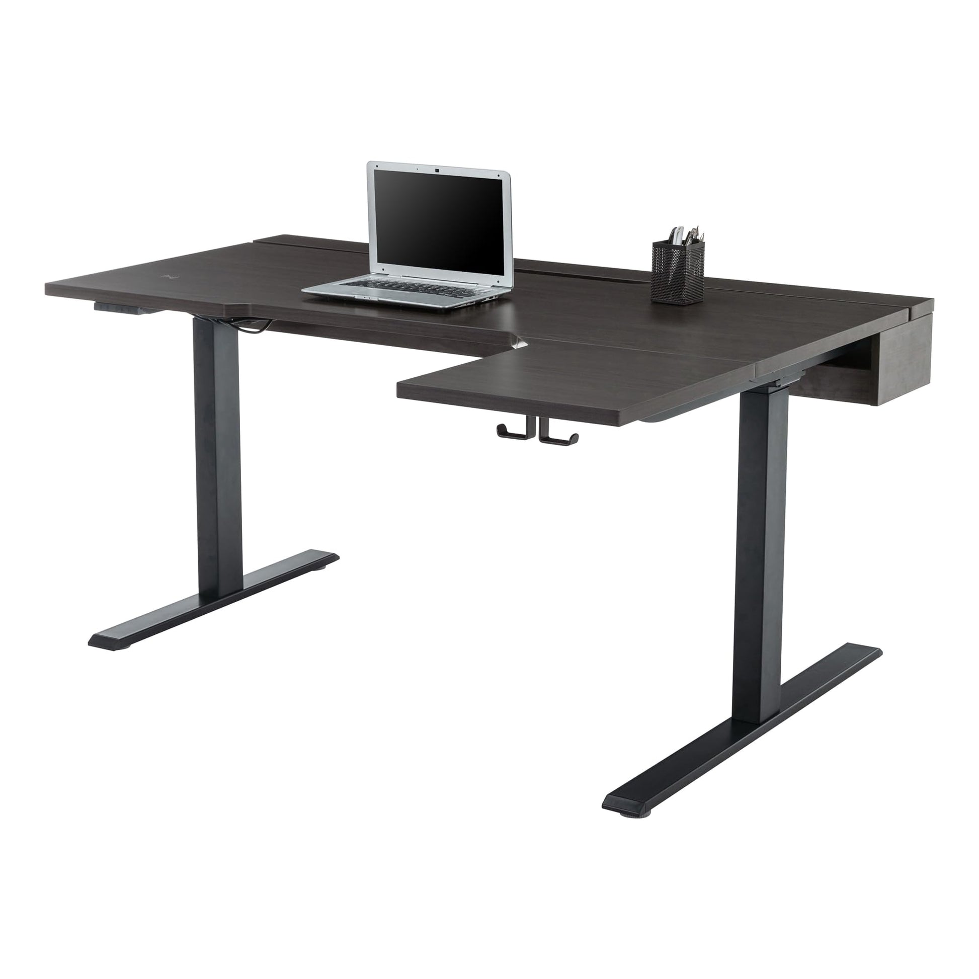 Realspace® Koru Electric 59" W L-Shaped Height-Adjustable Standing Desk with Integrated Power & Charging, Espresso Oak - WoodArtSupply