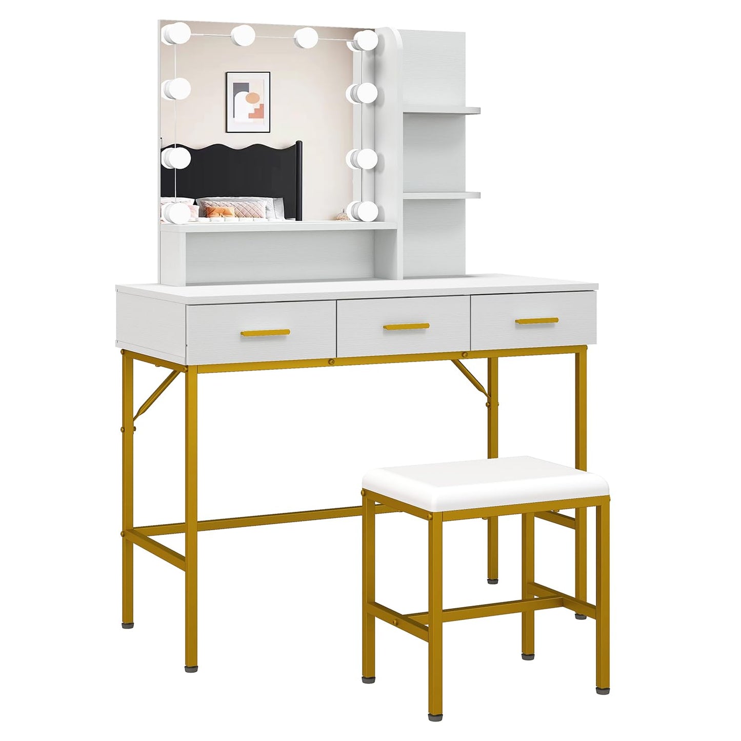 Vanity Table with Lighted Mirror, 3 Drawers Makeup Desk Dressing Table with Lots Storage Vanity Set with Wider Cushioned Stool for Bedroom (White) - WoodArtSupply