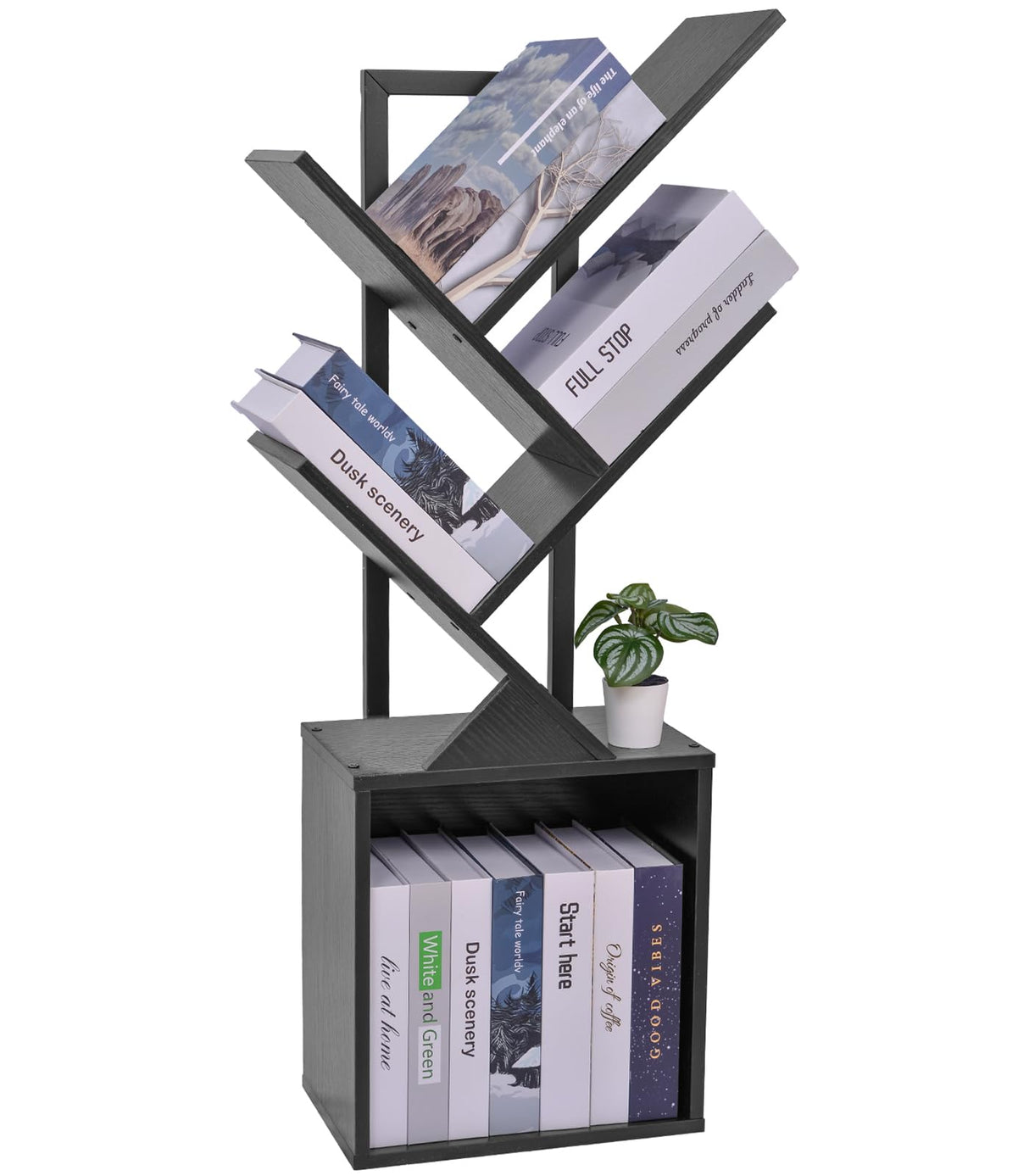 YSVCO 4 Tier Book Tree Bookshelf, Wooden Small Book Shelf with Storage Cabinet, Modern Freestanding Bookcase, Floor Standing Display Organizer for Small Spaces, Living Rooms, Home Offices,Black BS34BS YSVCO