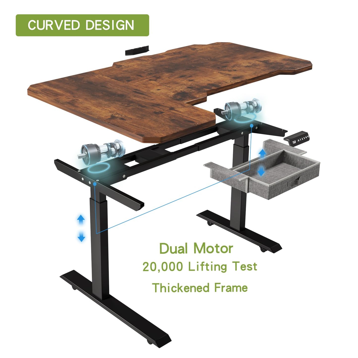 Radlove Dual Motors Height Adjustable 59'' L Shape Electric Standing Desk with Drawer Stand Up Table 4 Memory Keys, Computer Desk with Splice Board Home Office Desk, Rustic Brown Top + Black  - WoodArtSupply