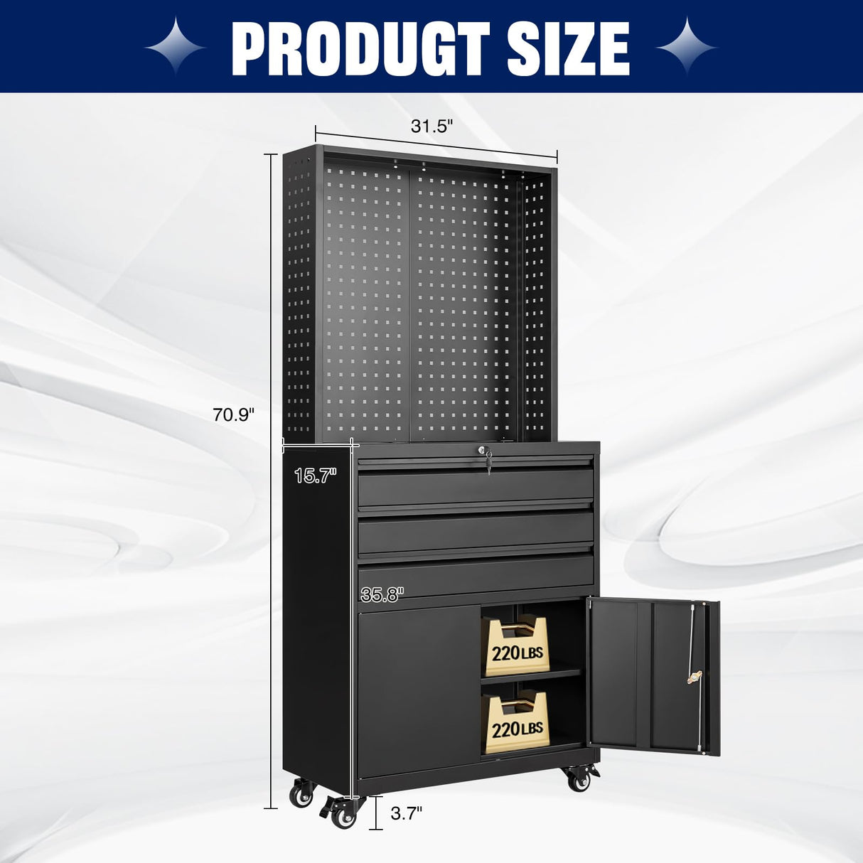 Yizosh Metal Garage Storage Cabinet with Wheels,3-Drawer Rolling Tool Cabinet with 2 Door and Adjustable Shelves,- 71" Steel Tool Cabinet for Warehouse,Garage,Workshop Yizosh