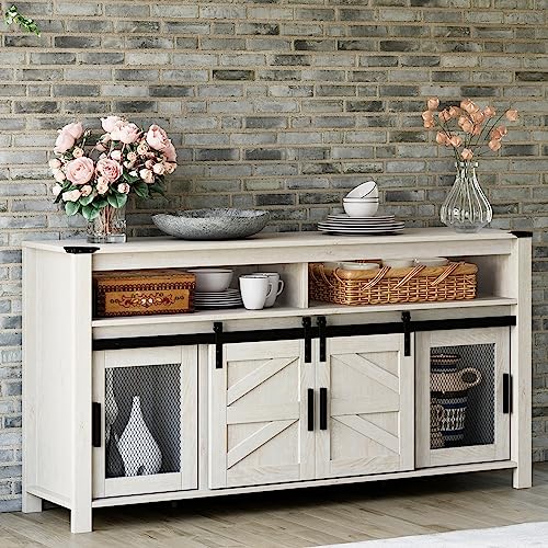 WAMPAT Rustic White Farmhouse Coffee Bar Cabinet with Sliding Barn Doors and Adjustable Storage WAMPAT