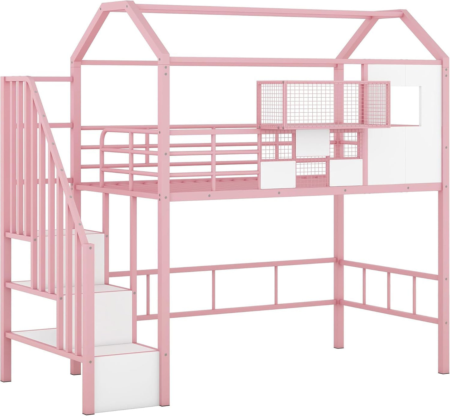 Virubi Twin Kids Loft Bed with Stairs, Low Loft Bed with Roof, Safety Rail and Storage Box, Metal Loft Bed with Storage House Loft Bed for Kids Girls (Pink)