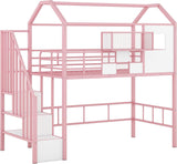 Virubi Twin Kids Loft Bed with Stairs, Low Loft Bed with Roof, Safety Rail and Storage Box, Metal Loft Bed with Storage House Loft Bed for Kids Girls (Pink) Virubi