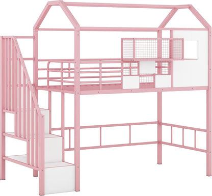 Virubi Twin Kids Loft Bed with Stairs, Low Loft Bed with Roof, Safety Rail and Storage Box, Metal Loft Bed with Storage House Loft Bed for Kids Girls (Pink)