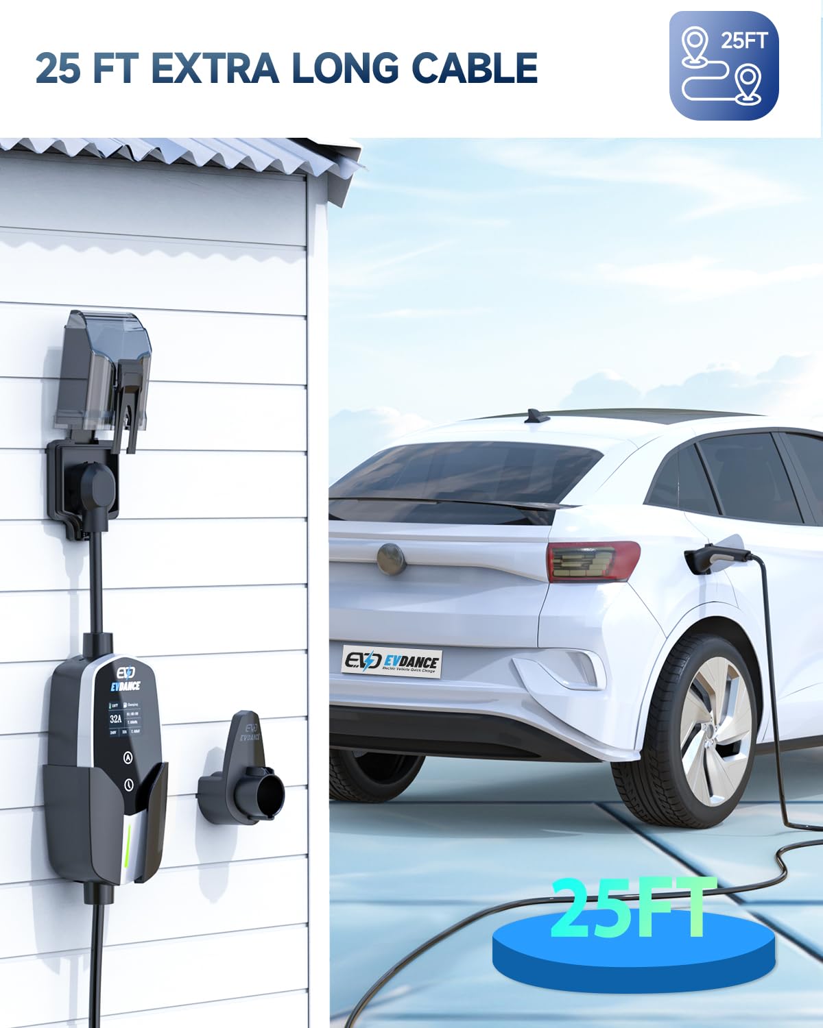 EVDANCE Level 2 EV Charger - Portable 32A EV Charger NEMA 14-50 with 25ft Cable, Adjustable Current/Delay Charging for Electric Car Charger EVDANCE