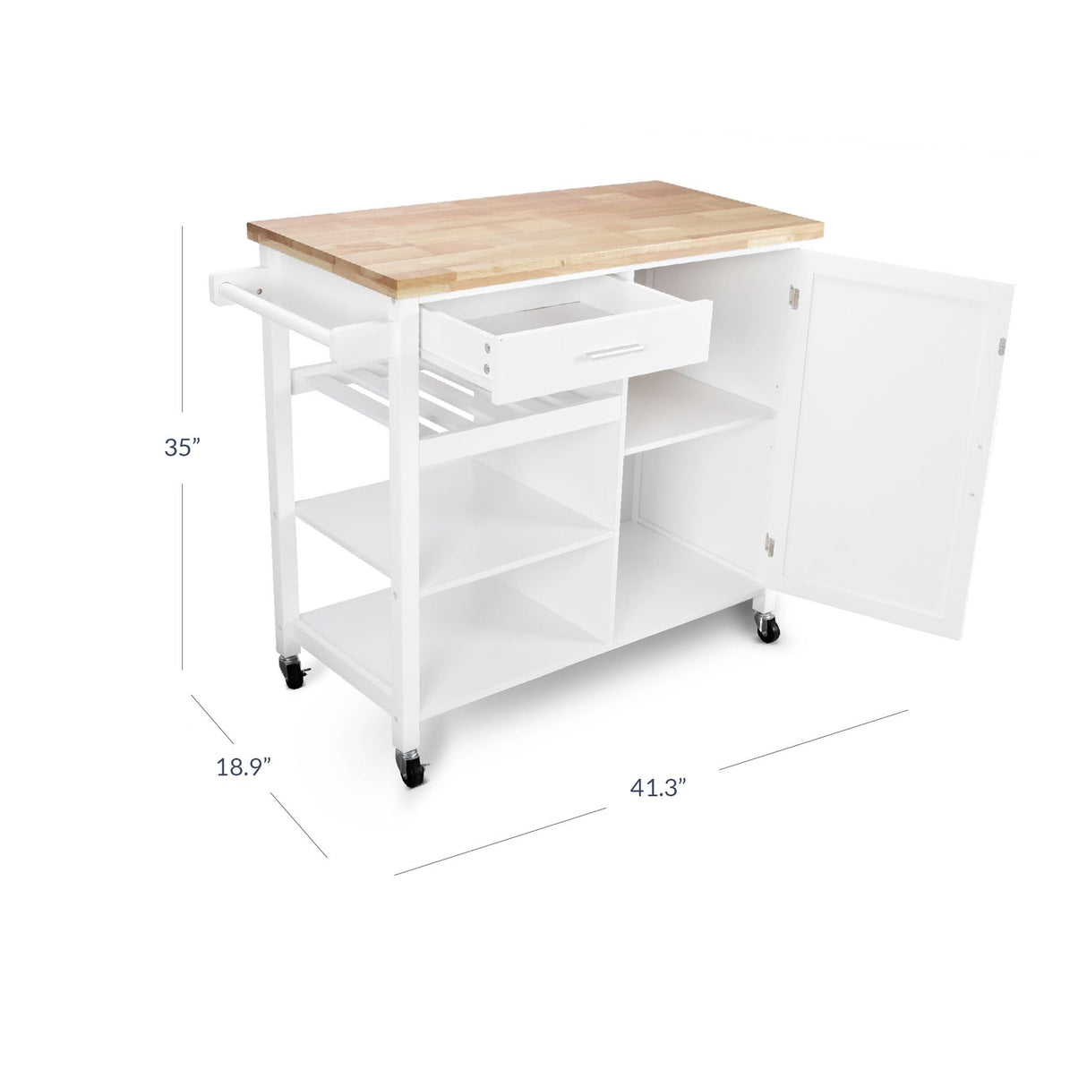 BELLEZE Modern Rolling Kitchen Island Utility Cart with a Drawer, Storage Cabinet, Handle Towel Rack, Rubber Wood Top, and Caster Wheels - Sonoma (White) BELLEZE