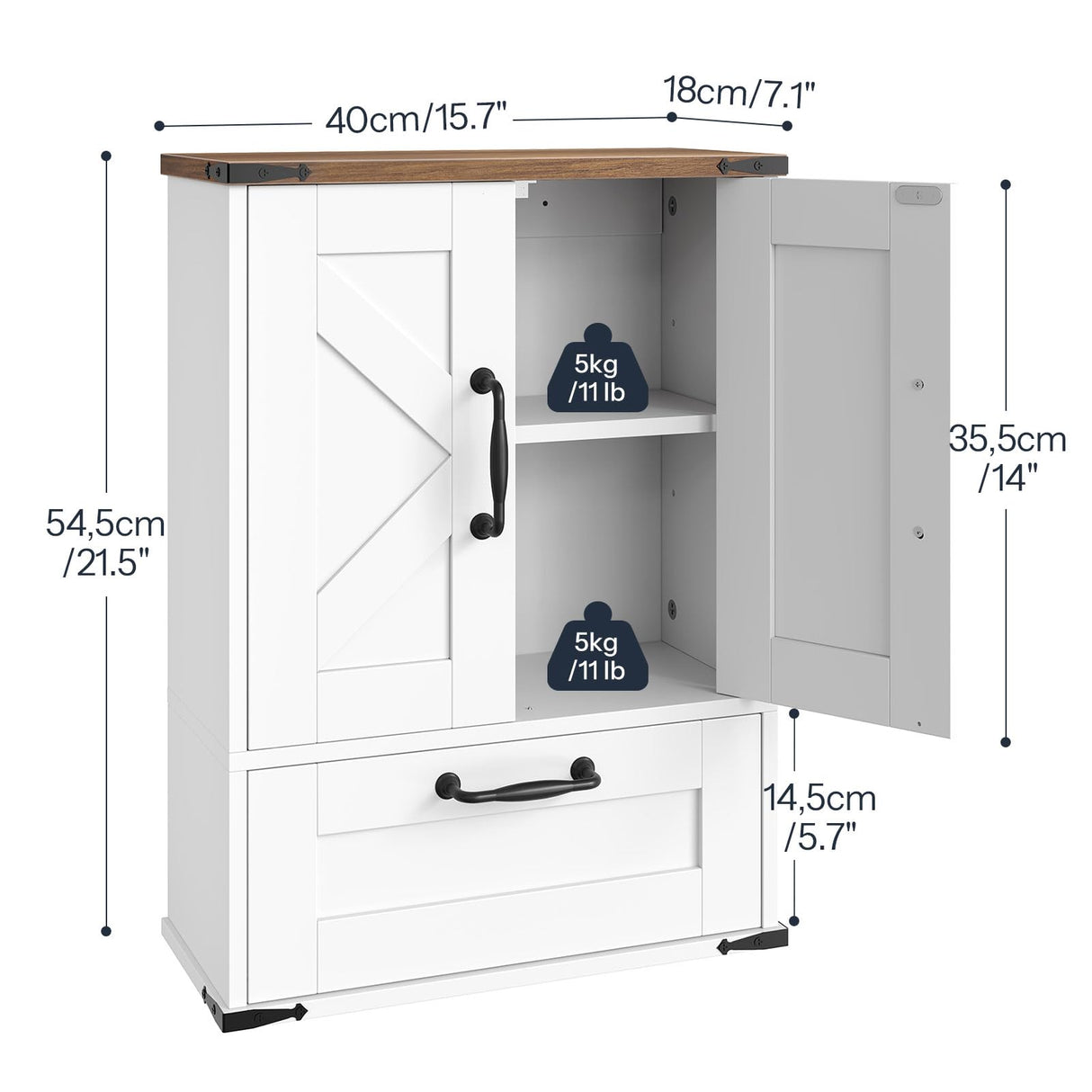 HOOBRO Farmhouse Wall Mounted Cabinet with Adjustable Shelf, Medicine Cabinet with Flip-Down Door, Over The Toilet Bathroom Organizer, for Small Bathroom, Kitchen, White and Walnut HOOBRO