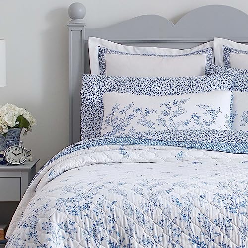 Laura Ashley Home - Queen Quilt Set, Reversible Cotton Bedding with Matching Shams, Pre-Washed Home Decor for Added Softness (Flora Blue, Queen) Laura Ashley