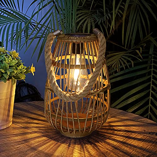 Outdoor Solar Lantern Hanging Lights - Natural Rattan Solar Lantern with Handle, Large Waterproof Led Decorative Garden Lights, Bright Rattan Solar Table Lamp for Yard Patio Wedding Home Decoration HERJIATK