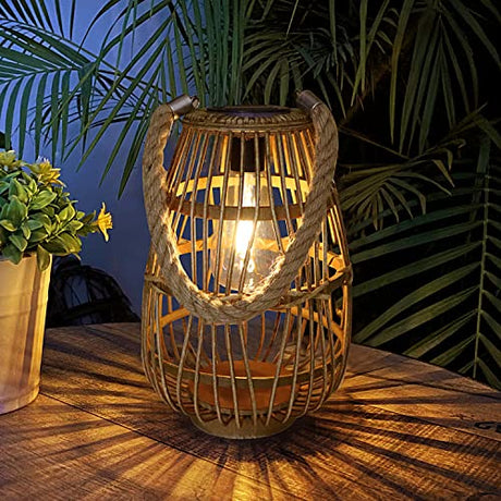 Outdoor Solar Lantern Hanging Lights - Natural Rattan Solar Lantern with Handle, Large Waterproof Led Decorative Garden Lights, Bright Rattan Solar Table Lamp for Yard Patio Wedding Home Decoration HERJIATK