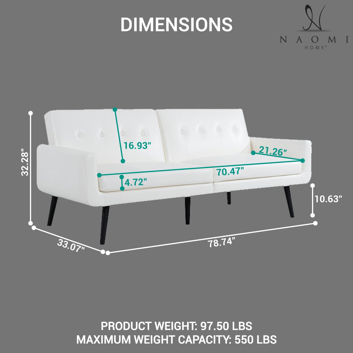 Naomi Home Monica Leather Futon Sofa, Convertible Couch Bed, Split Back Premium air Leather Sleeper Couch Sofa for Living Room, Mid Century Modern Fold Out Couch Bed with Tapered Legs - White Naomi Home