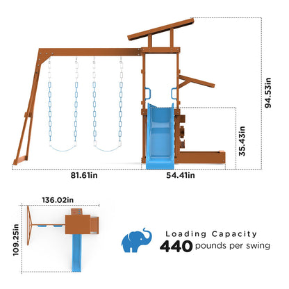 Dolphin Playground Outdoor Wooden Swing Sets for Backyard with Slide, Playground Sets for Backyards with Sandbox, Rock Climbing Wall, and 2 Belt Swings, Outdoor Playset for Kids Ages 3-6 - WoodArtSupply