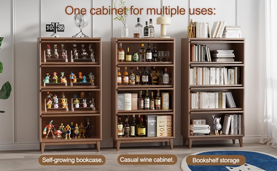 KungFuWood Wooden Bookcase with Tempered Glass Doors, Large Solid Wood Bookshelf Glass Front Bookshelves flip top Display Cabinet case Hidden Glass Doors for Apartments, Home Offices (4 tire 60") KungFuWood