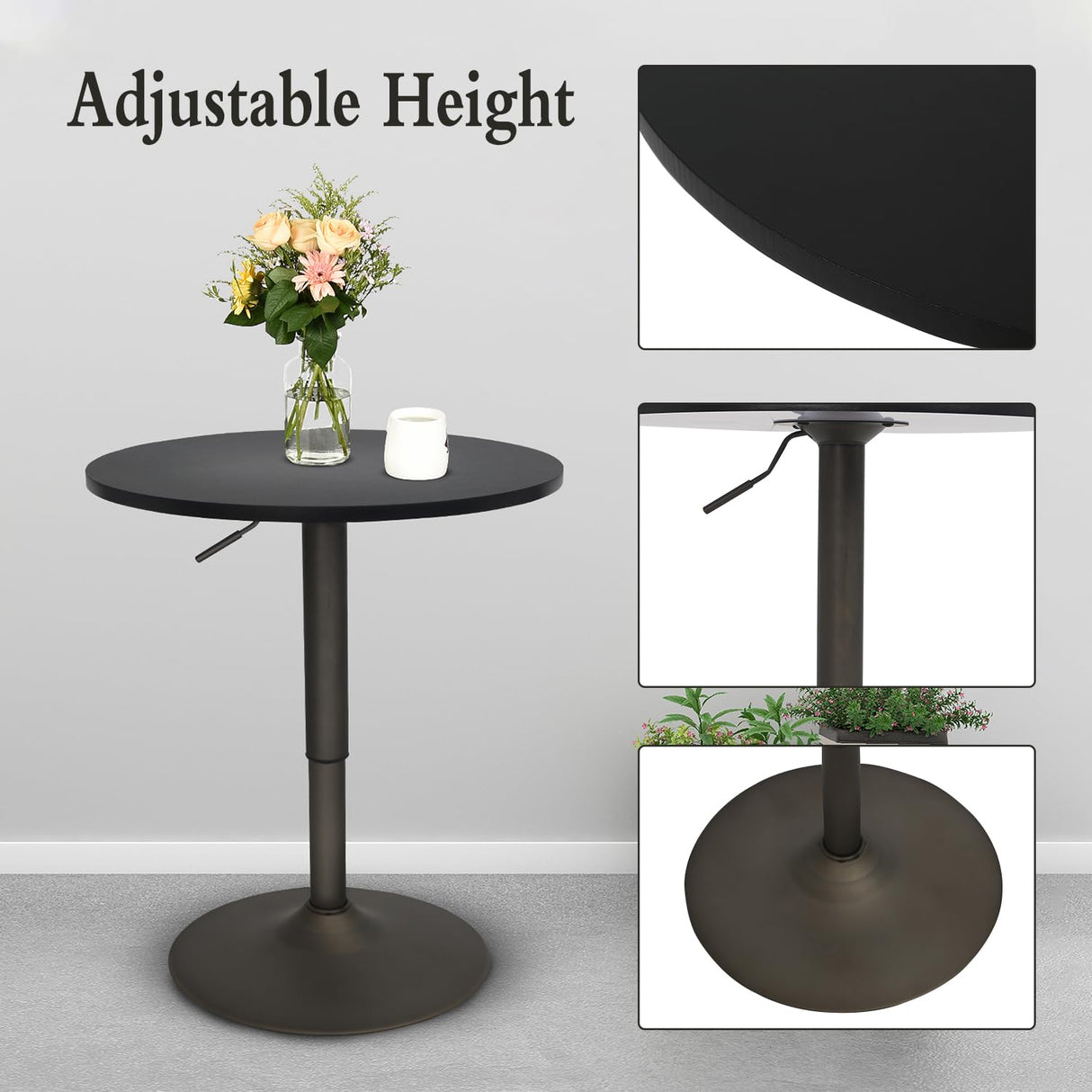 SOLIDEE 24-Inch Round Bar Table Adjustable Height and Wood Cocktail Pub Table MDF Top 360° Swivel Furniture, Black SOLIDEE