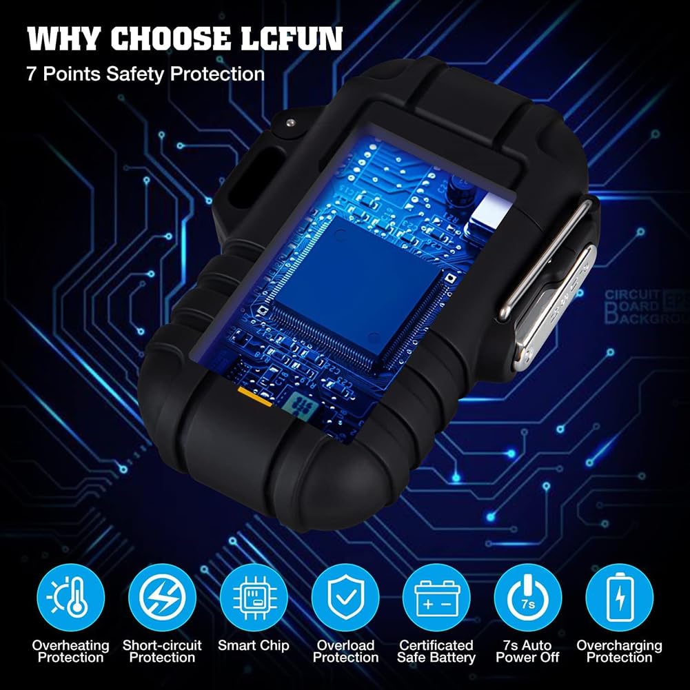 LcFun Waterproof Electric Lighter Windproof Dual Arc USB Rechargeable Flameless Plasma Lighters for Camping Hiking Survival Tactical Gear Gifts for Men Fathers Husband LcFun