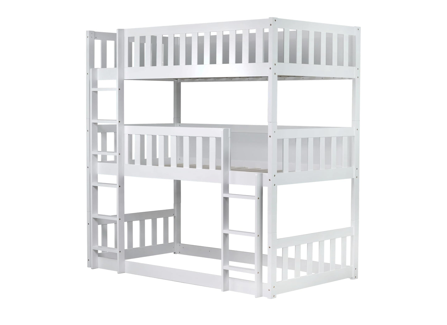 VilroCaz Modern Twin Over Twin Over Twin Triple Bunk Bed, Rubber Wood Detachable Triple Twin Bunk Bed Frame, 3-in-1 Bunk Beds with Ladder and Guardrails for Kids Teens, Maximize Space (White-ON)