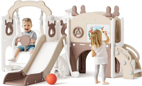 Mloong 12 in 1 Toddler Slide and Swing Set, Kids Slide for Toddlers 1-3 Years Old Baby, Indoor Outdoor with Basketball Hoop Drawing Golf for Kids Easy Assembly(Beige & Rosy Brown)(82×67×41in) mloong