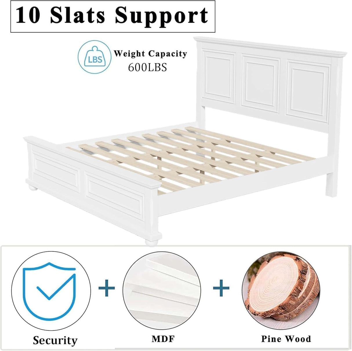MoproBeti Farmhouse King Bed Frame with Tall Headboard and Footboard, Pinewood King Panel Bed with Under Bed Storage, Noise-Free, No Box Spring Needed, Traditional Style, White MoproBeti