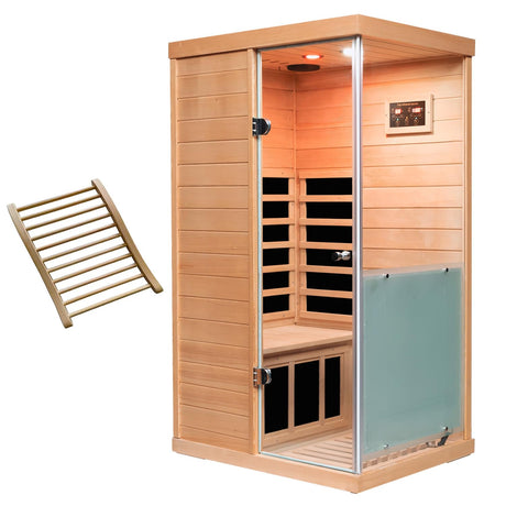 1 Person Infrared Sauna | Far Infrared Home Sauna | 1,060 watt | 6 Low EMF Heaters | Canadian Hemlock | Tempered Glass Door | Indoor Saunas with Red Lamp, Bluetooth, LCD, LED (Random Left/Right) Wizzisauna
