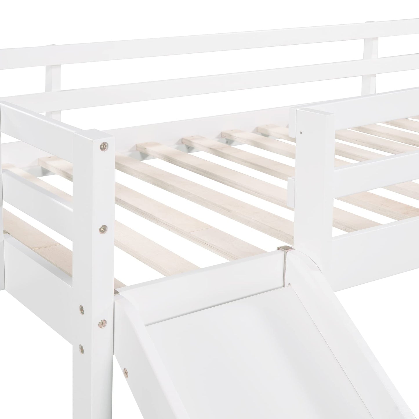 Twin Size Low Loft Bed with Slide,Kids Loft Bed with Chalkboard and Ladder,Wood Low Loft Bed Twin Size for Girls Boys,White