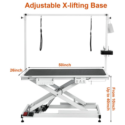 CIRONBOW 50'' Electric Dog Grooming Table, Adjustable X Lift Heavy Duty Dog Grooming Table for Large Dogs with Anti-Skid Tabletop & Grooming Scissors & Wireless Remote &Tool Organizer & Arms, White