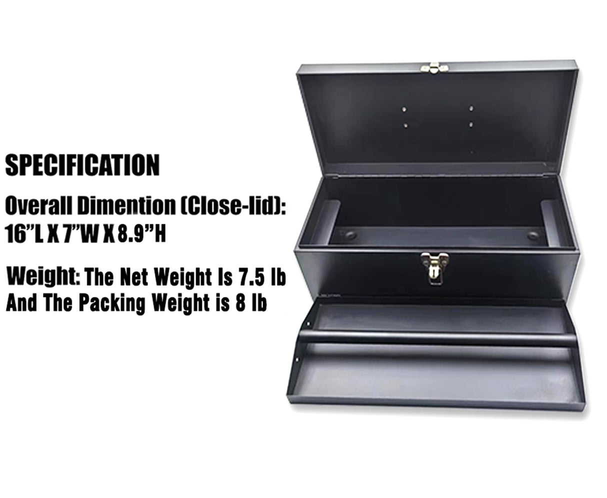 16" Portable Metal Toolbox Large Tool Box 18-Gauge Fishing Tackle Box Tool Box Drawer Organizer Steel Tool Box With Metal Latch and Handle Black Mcvomv