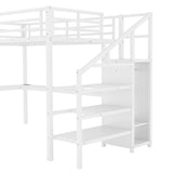 Full Loft Bed with Stairs and Wardrobe, Full Size Loft Bed with Desk and Storage, Metal Loft Beds with Charging Station and Light, White Bellemave