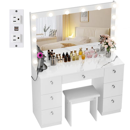 VOWNER Vanity with Lighted Mirror - Makeup Vanity Desk with Power Outlet and 7 Drawers, 3 Color Lighting Modes Adjustable Brightness, 44" Vanity Table with Soft Cushioned Stool for Women Girls, Marble