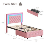Twin Bed Frames with LED Lights and Storage Drawers, Upholstered Platform Bed with Diamond Headboard, Faux Leather Princess Platform Bed, No Box Spring Needed, Easy Assembly, Pink BarnFurin