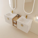 Goderfuu 60" Bathroom Vanity with Double Sink, Floating Bathroom Vanity with Ceramic Basin, White Wall Mounted Bathroom Vanity Cabinet, 60 inch Bathroom Vanities with 4 Doors and Open Storage Shelves Goderfuu