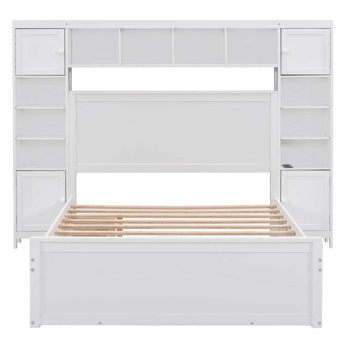 Full Storage Bed with Bookcase Headboard, Full Size Platform Bed with Trundle and 2 Storage Drawers, Solid Wood Full Size Bed Frame with Cabinet and Bookshelf, No Box Spring Needed - White Harper & Bright Designs
