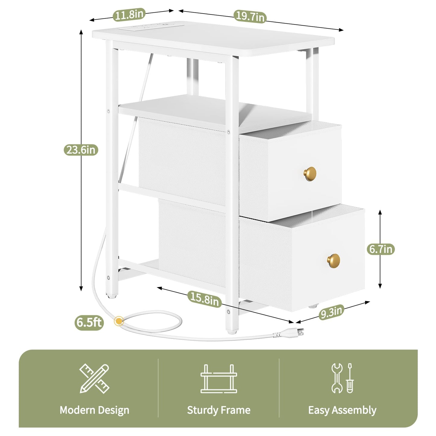 Yoobure End Table with Charging Station, Narrow Side Table LED Small Night Stand, Skinny Nightstand with Fabric Drawers, Bedside Table End Tables Living Room, Side Tables Bedroom for Small Spaces