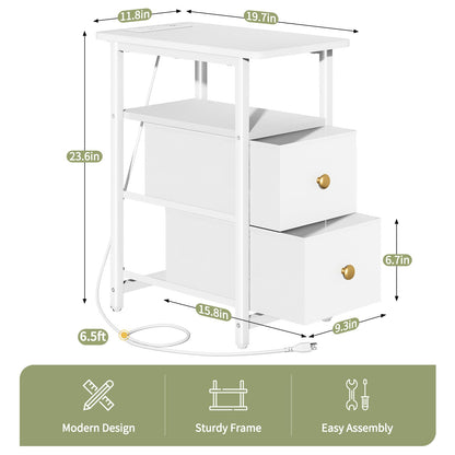 Yoobure End Table with Charging Station, Narrow Side Table LED Small Night Stand, Skinny Nightstand with Fabric Drawers, Bedside Table End Tables Living Room, Side Tables Bedroom for Small Spaces