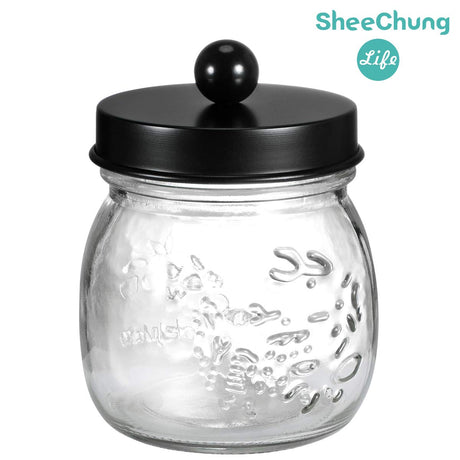 SheeChung Small Mason Jar, Glass Qtip Holder, Apothecary Jars with Lids, Bathroom Organizers and Storage, Bathroom Canister for Q-tips, Cottons, Floss, Balls, Cotton Swabs, Farmhouse Decor-Black SheeChung