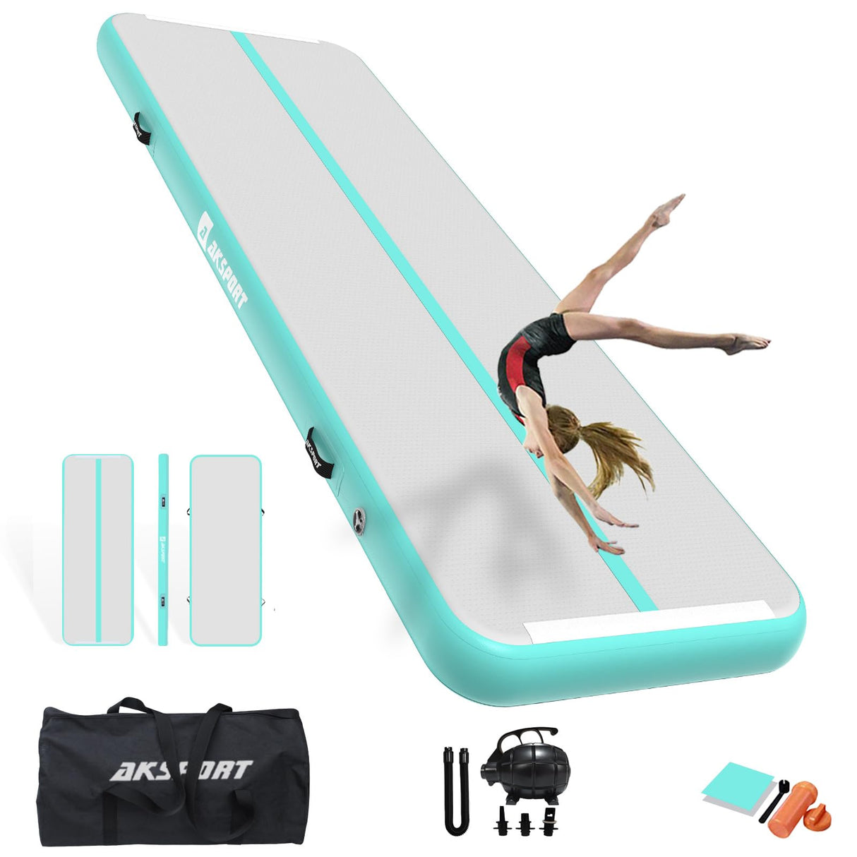 AKSPORT Inflatable Gymnatsics Mat Tumble Track 10ft 13ft 16ft 20ft 23ft Air Tumbling Mat with Air Pump for Home Use/Training/Cheerleading/Yoga AKSPORT