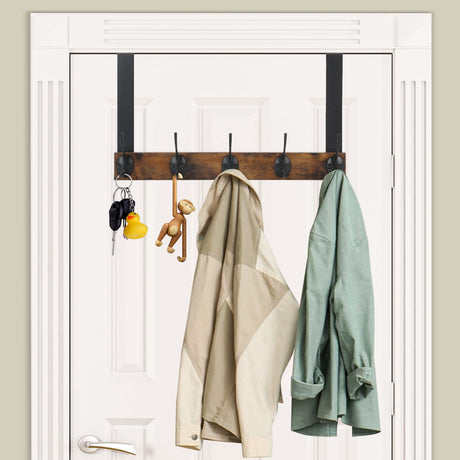 YINMIT Over The Door Hooks, Heavy Duty Vintage Wood Over Door Hanger Hook, Over The Door Coat Towel Rack for Hanging Towels, Clothes, Hats, Scarfs, Handbags, Back of Bathroom Door (Matte Black) YINMIT