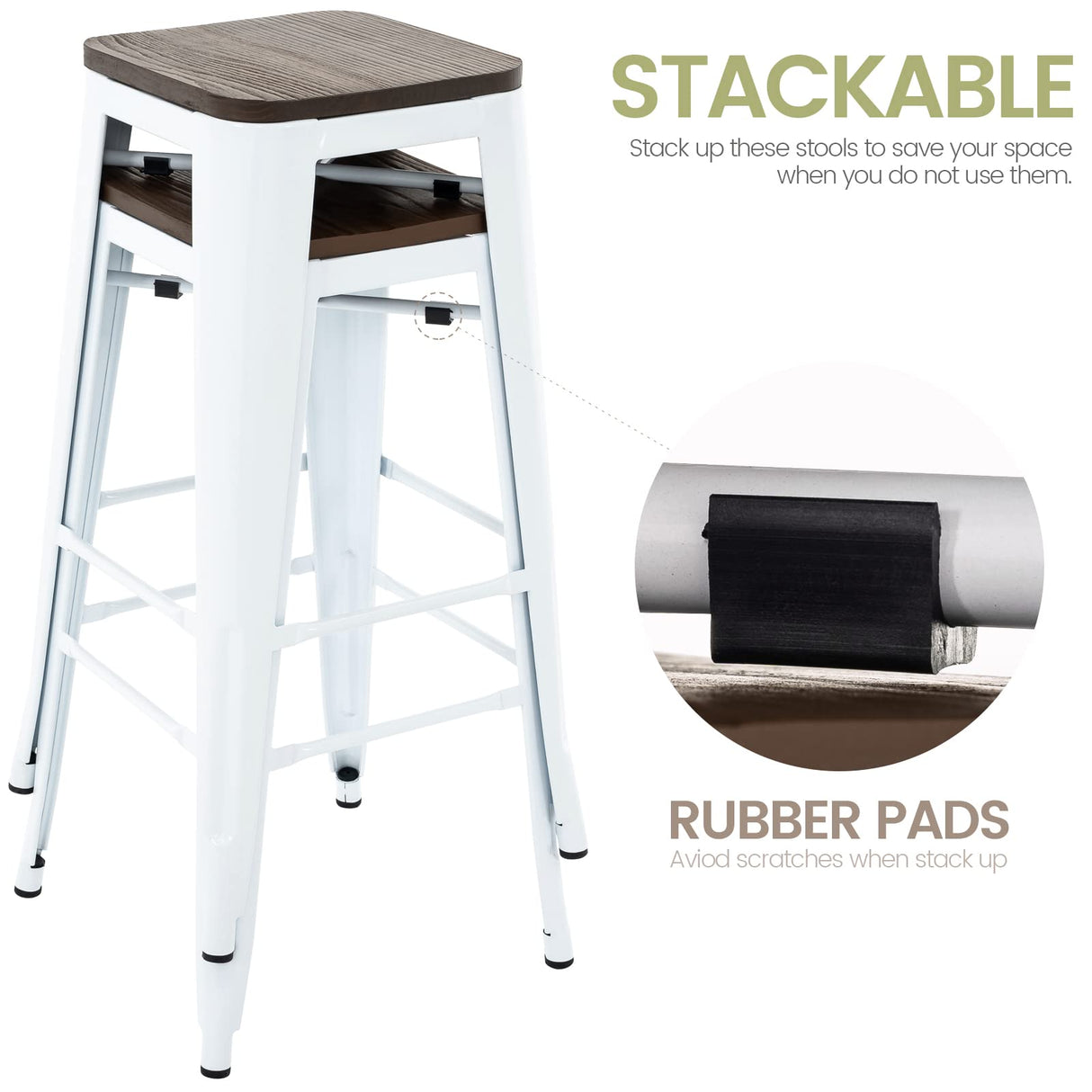 Brage Living 30 Inch Metal Bar Stools with Square Solid Elm Wood Seat Top, Backless Stackable Industrial Barstools Set of 2 (White) Brage Living