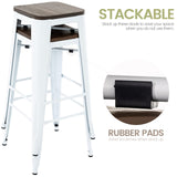 Brage Living 30 Inch Metal Bar Stools with Square Solid Elm Wood Seat Top, Backless Stackable Industrial Barstools Set of 2 (White) Brage Living