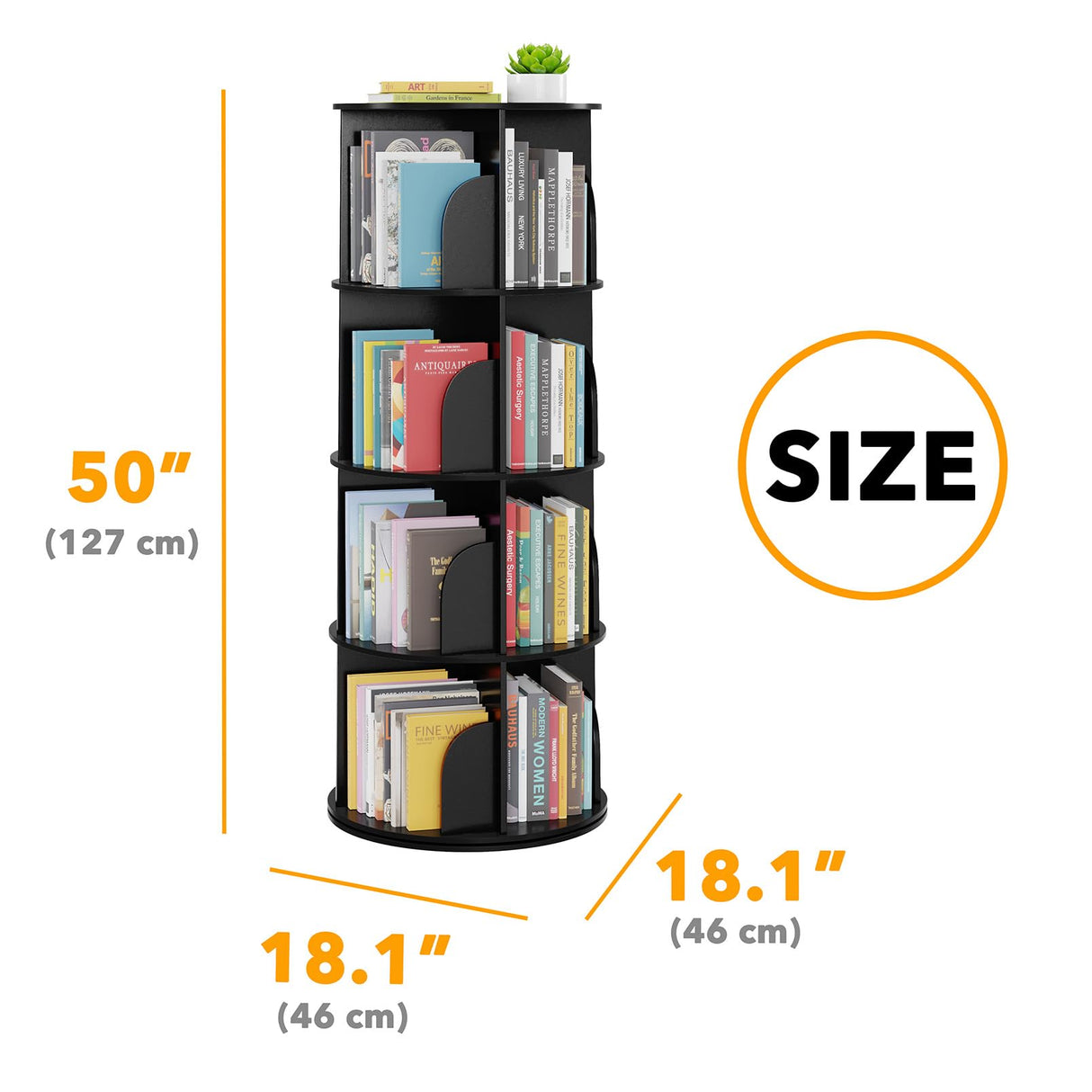 SpaceAid 4 Tier Rotating Bookshelf Tower, Spinning Bookcase Lazy Susan, Revolving 360 Book Shelf Storage Round Carousel, Vertical Rotate Turning Spiral Corner Organizer, Black SpaceAid